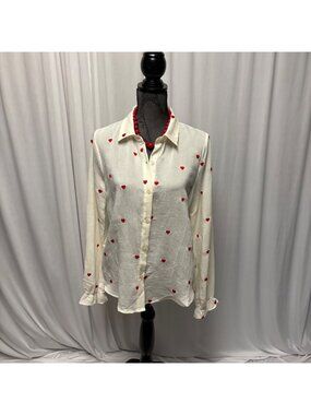 Hem Thread Heart Print Blouse Womens Small Semi Sheer Romantic Coquette Top NEW